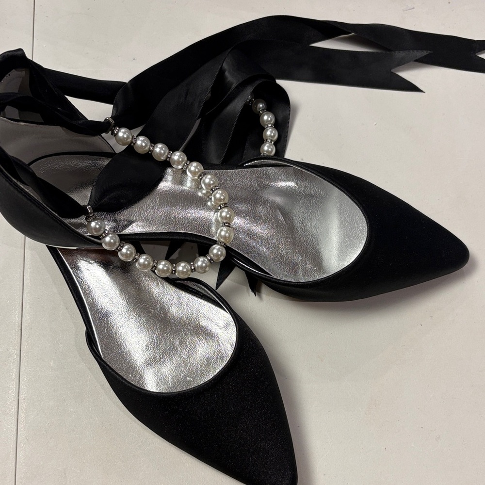 Aldo Black Satin Heels with Pearl Accent